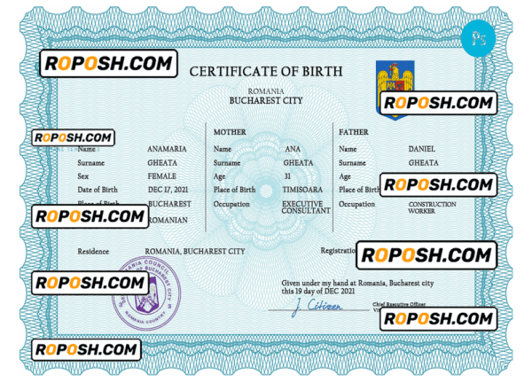 Romania vital record birth certificate PSD template