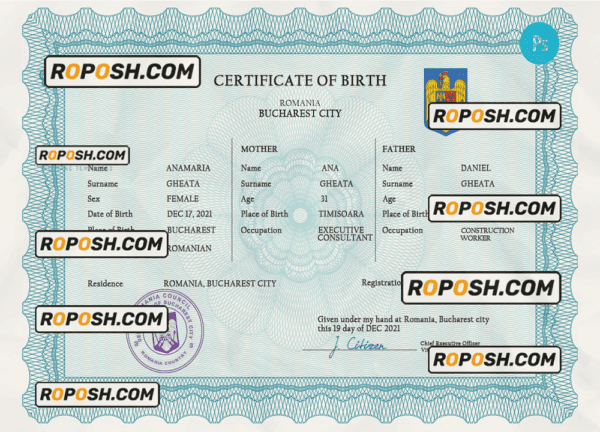 Romania vital record birth certificate PSD template