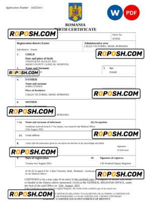 Romania birth certificate Word and PDF template, completely editable