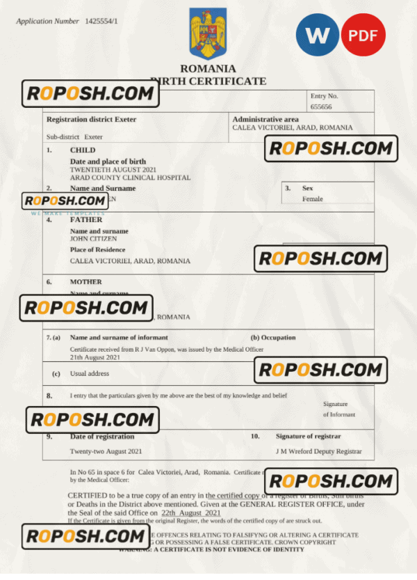 Romania birth certificate Word and PDF template, completely editable