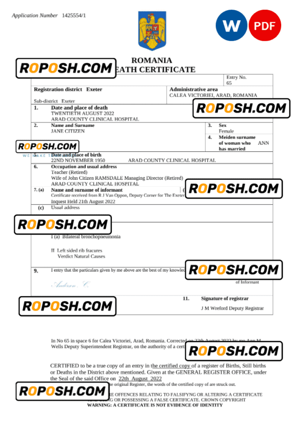Romania vital record death certificate Word and PDF template