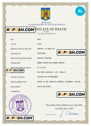 Romania death certificate PSD template, completely editable