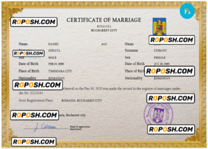 Romania marriage certificate PSD template, fully editable