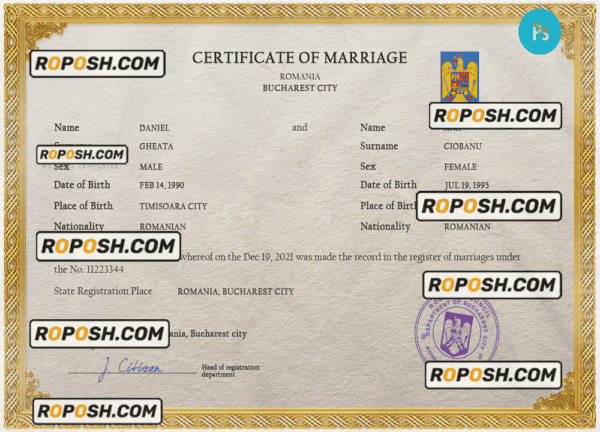 Romania marriage certificate PSD template, fully editable