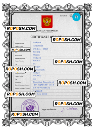 Russia vital record birth certificate PSD template, fully editable
