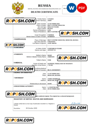 Russia death certificate Word and PDF template, completely editable