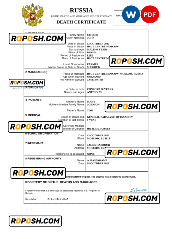 Russia death certificate Word and PDF template, completely editable