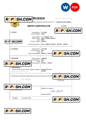 Russia vital record birth certificate Word and PDF template, completely editable