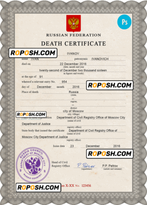 Russia vital record death certificate PSD template, completely editable
