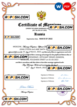 Russia marriage certificate Word and PDF template, fully editable