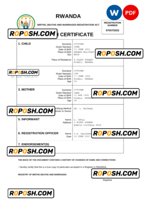Rwanda birth certificate Word and PDF template, completely editable