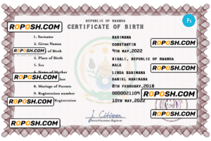 Rwanda birth certificate PSD template, completely editable