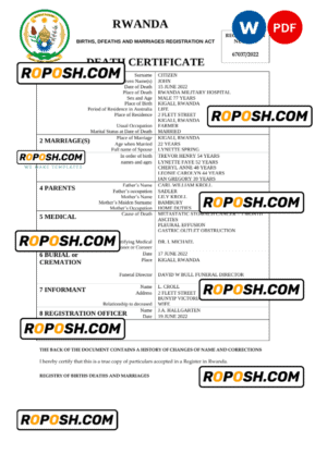 Rwanda vital record death certificate Word and PDF template