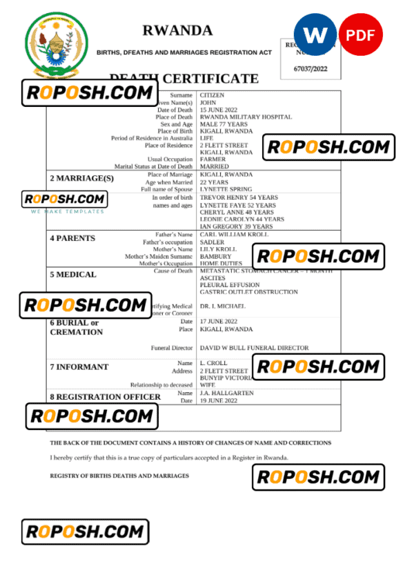 Rwanda vital record death certificate Word and PDF template