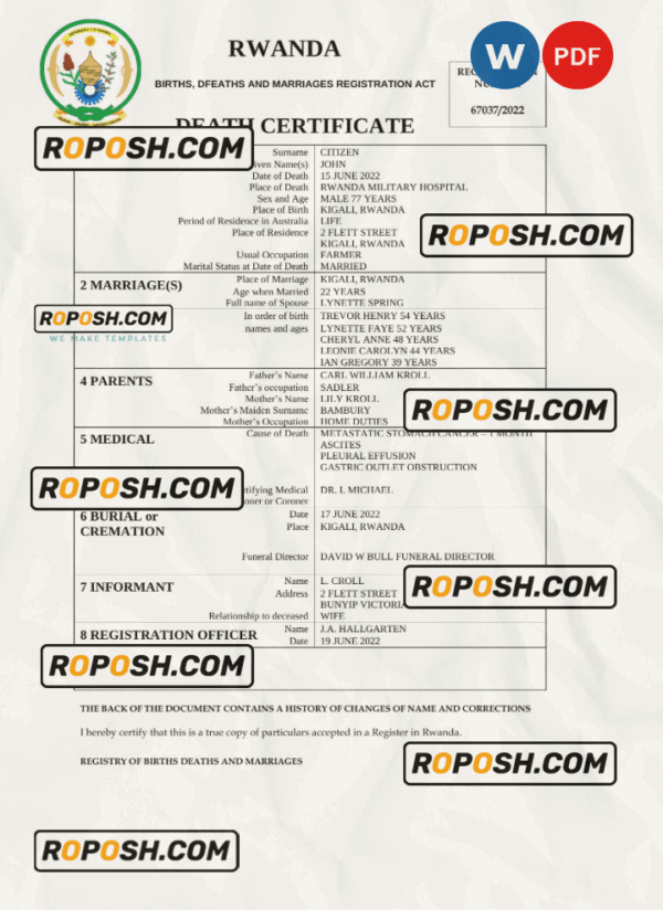 Rwanda vital record death certificate Word and PDF template