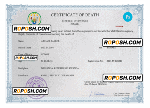 Rwanda vital record death certificate PSD template, fully editable