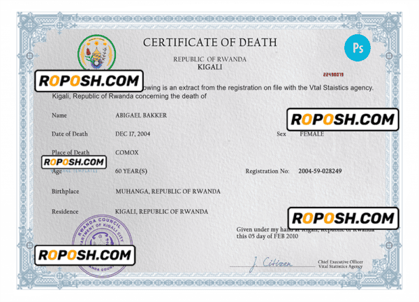 Rwanda vital record death certificate PSD template, fully editable