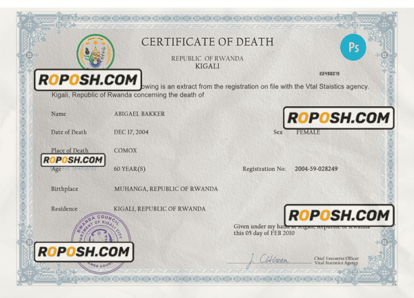 Rwanda vital record death certificate PSD template, fully editable