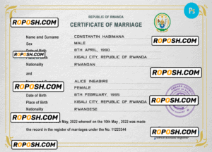 Rwanda marriage certificate PSD template, completely editable