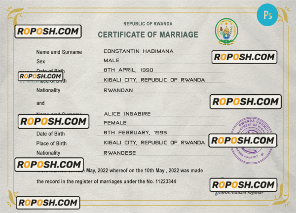 Rwanda marriage certificate PSD template, completely editable