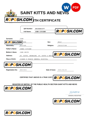 Saint Kitts and Nevis vital record birth certificate Word and PDF template, completely editable