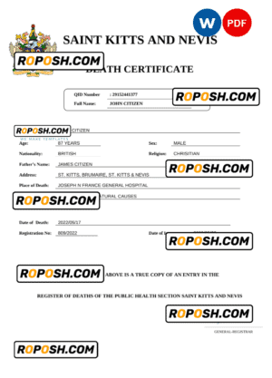 Saint Kitts and Nevis vital record death certificate Word and PDF template