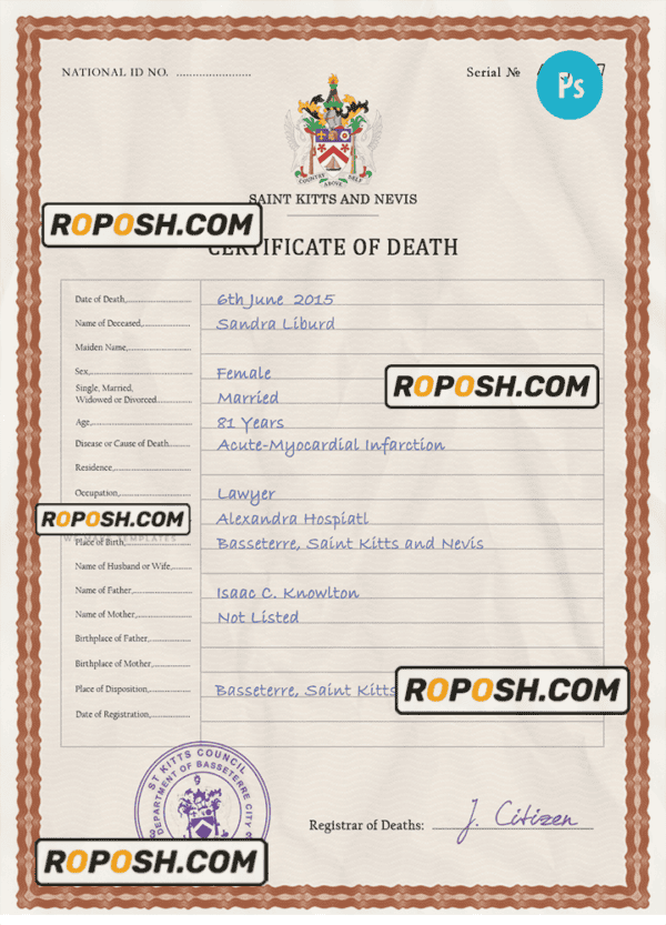 Saint Kitts and Nevis death certificate PSD template, completely editable