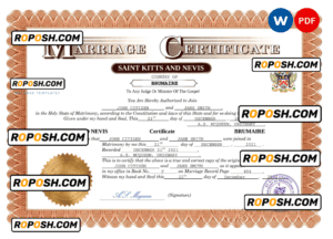 Saint Kitts and Nevis marriage certificate Word and PDF template, fully editable