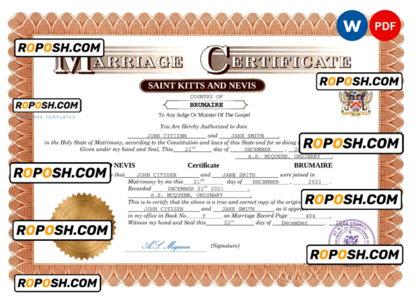 Saint Kitts and Nevis marriage certificate Word and PDF template, fully editable