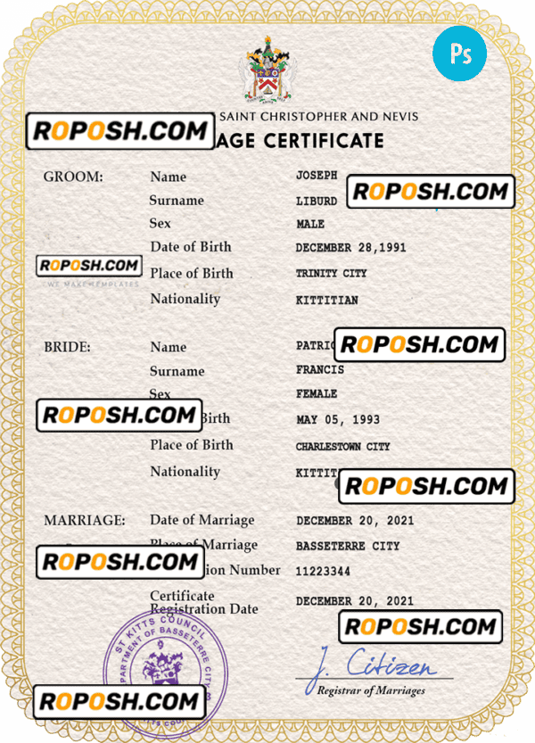 Saint Kitts and Nevis marriage certificate PSD template, fully editable