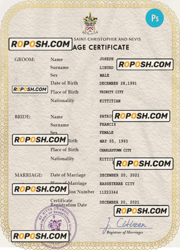 Saint Kitts and Nevis marriage certificate PSD template, fully editable