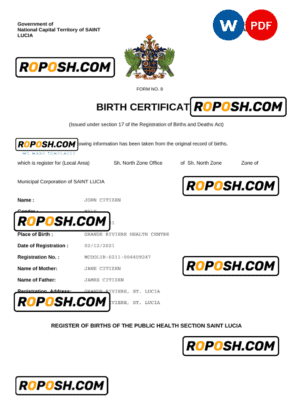 Saint Lucia birth certificate Word and PDF template, completely editable