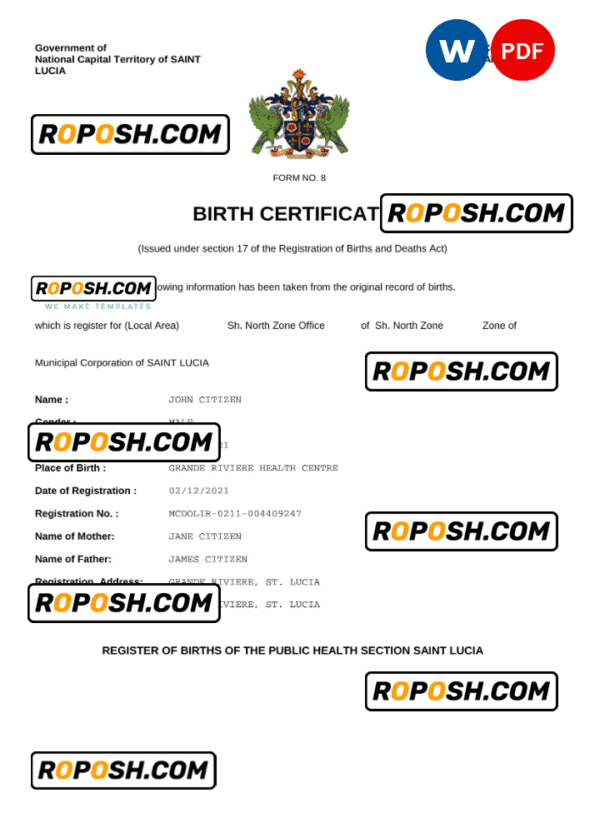 Saint Lucia birth certificate Word and PDF template, completely editable