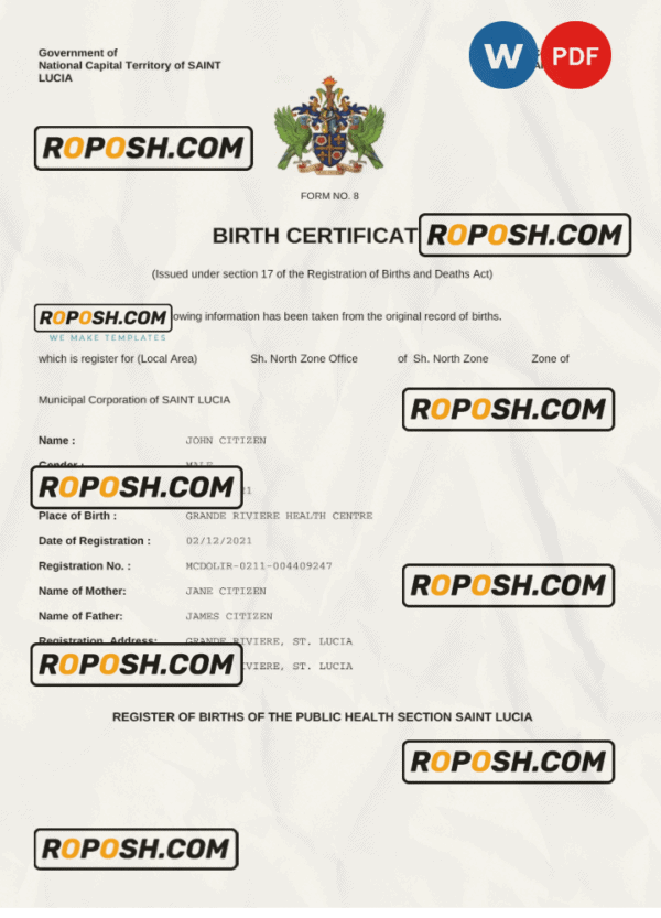 Saint Lucia birth certificate Word and PDF template, completely editable