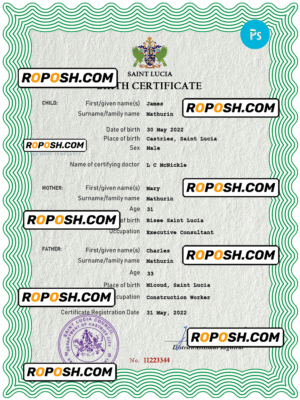 Saint Lucia vital record birth certificate PSD template, fully editable