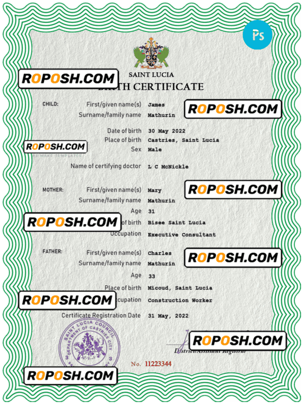 Saint Lucia vital record birth certificate PSD template, fully editable