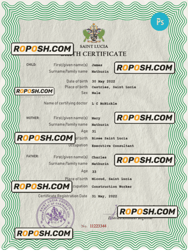 Saint Lucia vital record birth certificate PSD template, fully editable