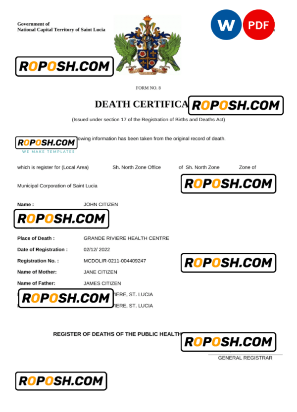 Saint Lucia death certificate Word and PDF template, completely editable