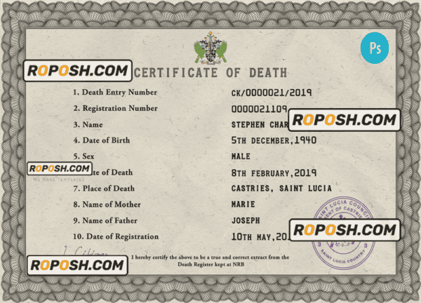 Saint Lucia vital record death certificate PSD template