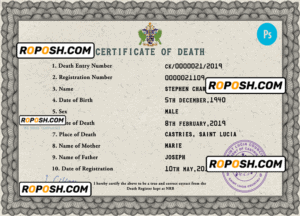Saint Lucia vital record death certificate PSD template