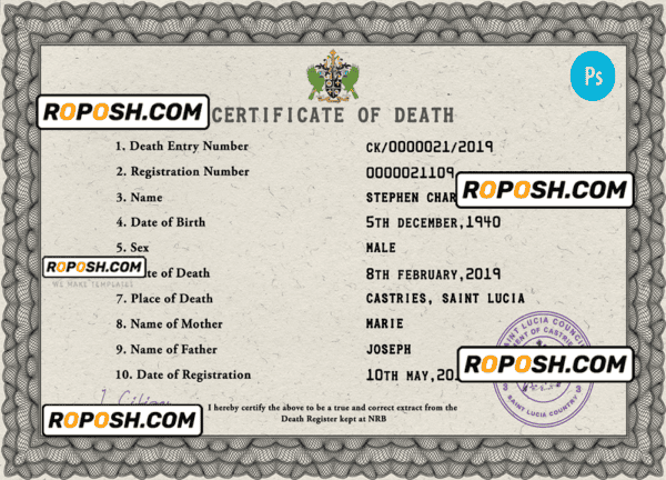 Saint Lucia vital record death certificate PSD template