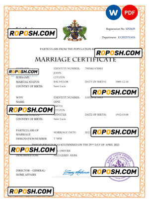 Saint Lucia marriage certificate Word and PDF template, completely editable