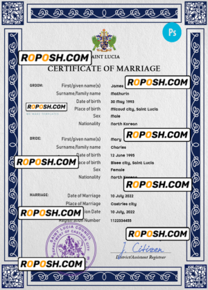 Saint Lucia marriage certificate PSD template, fully editable