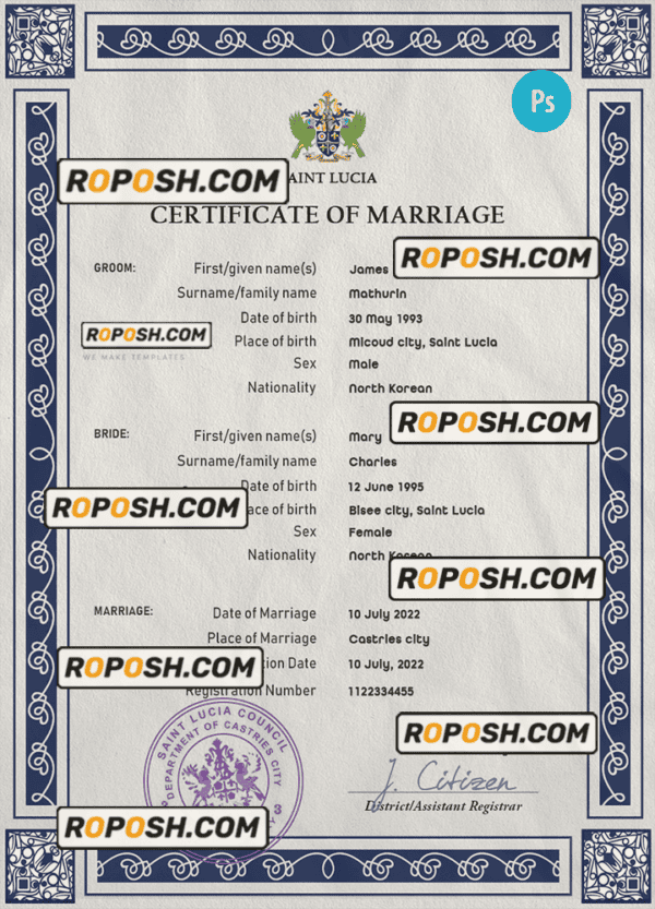 Saint Lucia marriage certificate PSD template, fully editable