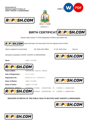 Saint Vincent & Grenadines vital record birth certificate Word and PDF template, completely editable