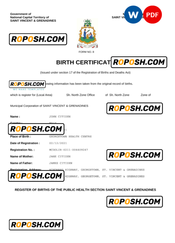 Saint Vincent & Grenadines vital record birth certificate Word and PDF template, completely editable