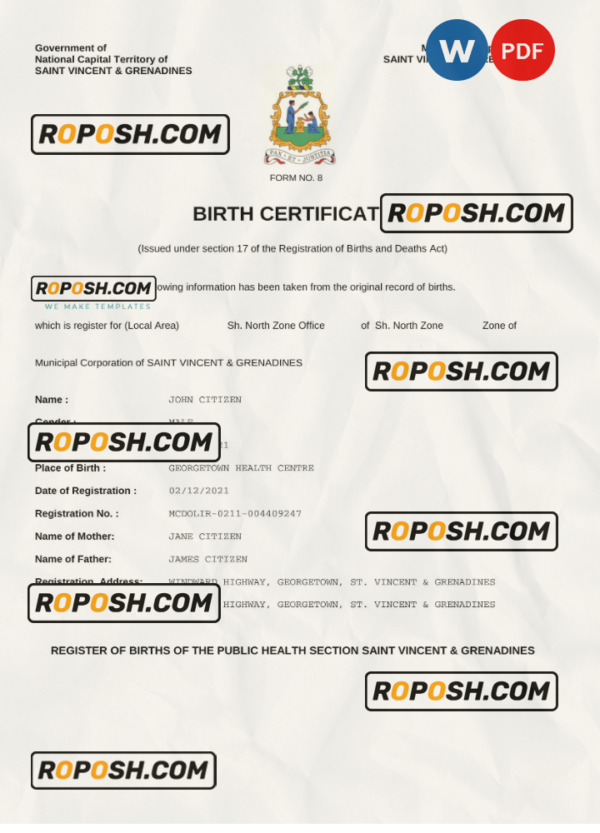 Saint Vincent & Grenadines vital record birth certificate Word and PDF template, completely editable scan effect