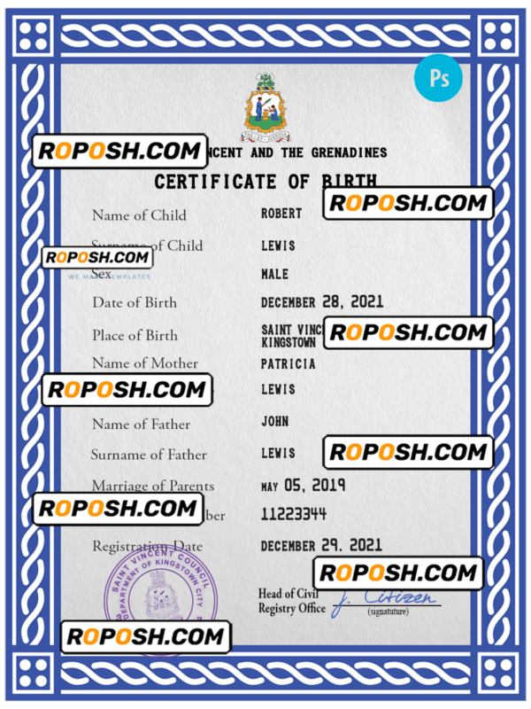 Saint Vincent and the Grenadines birth certificate PSD template, completely editable