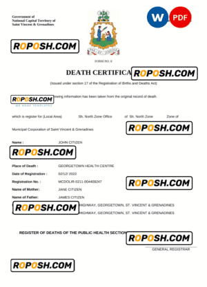 Saint Vincent and the Grenadines vital record death certificate Word and PDF template