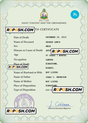 Saint Vincent and the Grenadines death certificate PSD template, completely editable